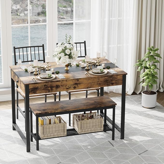 GarveeHome Dining Table Set for 4,Kitchen Table with Bench & 2 Chairs,Retro | Includes Storage Rack & Drawers, Space-Saving，Rectangular Farmhouse Style, Perfect for Breakfast Nook - Image 7