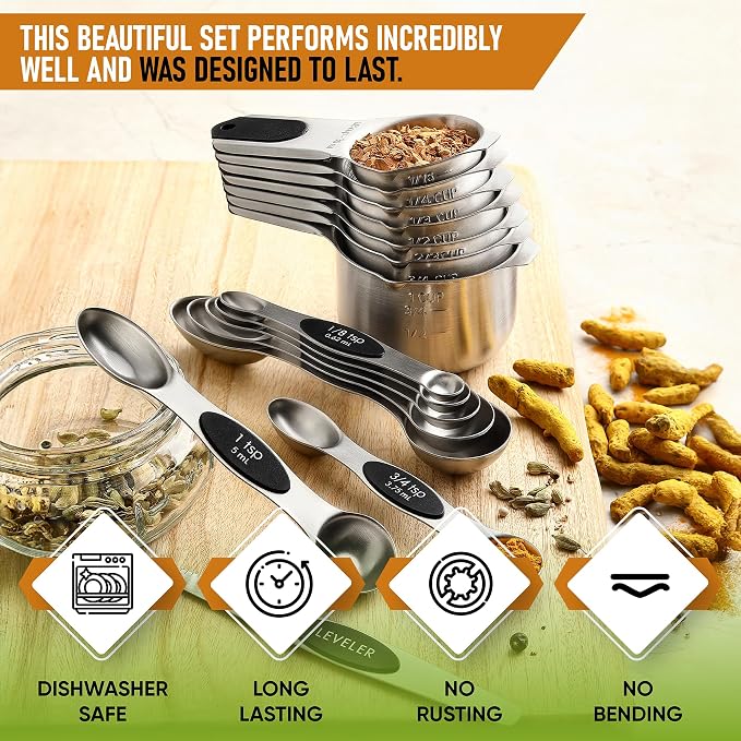 Spring Chef Magnetic Measuring Cups & Spoons Set of 15, Patented, Black | Stackable Stainless Steel Measuring Cups & Heavy Duty Metal Measuring Spoons with Levelers for Dry & Liquid Ingredients - Image 2