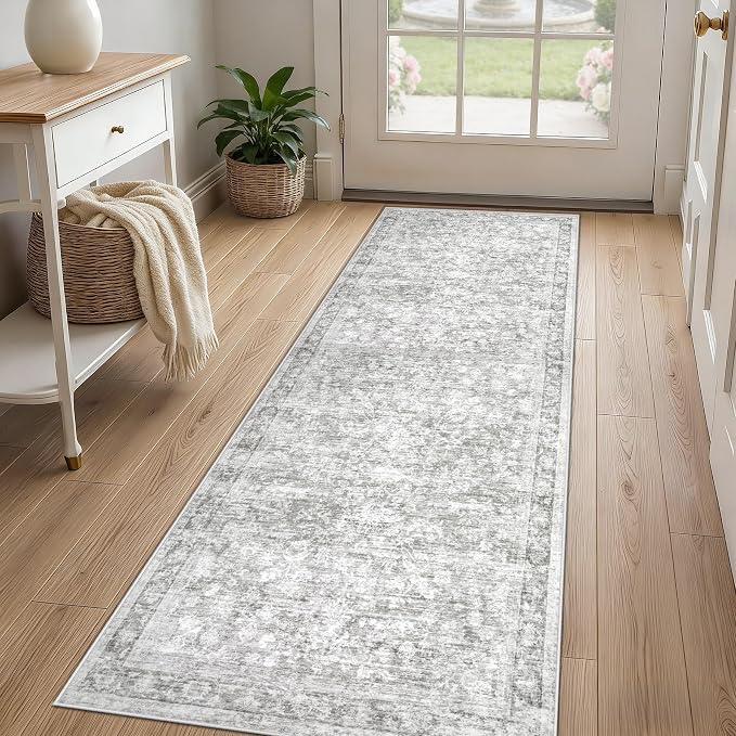 2x8 Hallway Runner Rug: Washable Vintage Floral Entryway Rugs Low Pile Non-Slip Boho Carpet for Kitchen, Bedroom, Bathroom, Dining Room (Grey, 2'x8') - Image 2