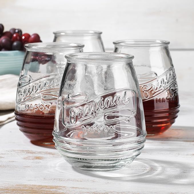 Glaver's Stemless Wine Glasses 21 Oz. Set Of 4 Original Mason Vintage Goblet Beverage Glasses Uses For Your Cocktail Lounge, Whiskey Parties, and Everyday Dinner Table. Dishwasher Safe. (Large) by Glavers