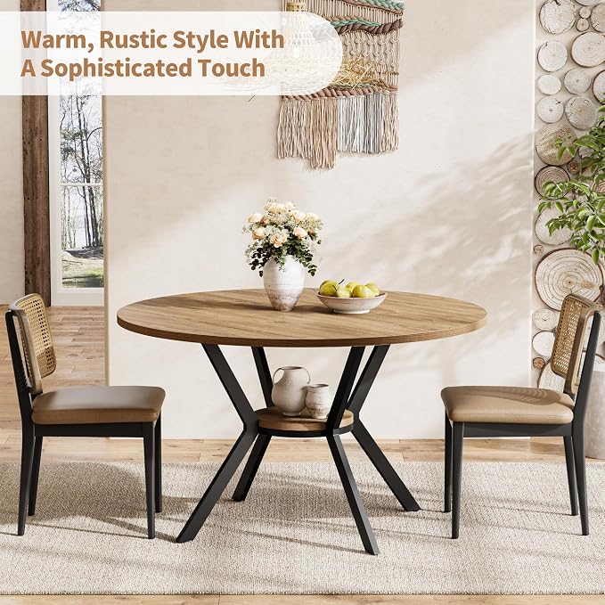 MECHYIN 42 Inch Round Dining Table for 2–4, Farmhouse Round Kitchen Table with Storage Shelf, Pedestal Dining Table, Wood Top & Metal Base, Small Space Table for Apartment, Dining Room - Image 7