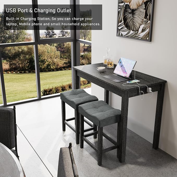 allamazing 3-Piece Counter Height Bar Table Set with Socket and 2 Fabric Padded Bar Stools, Tall Kitchen Breakfast Dining Table Set with Stools (1+2 Black) - Image 5