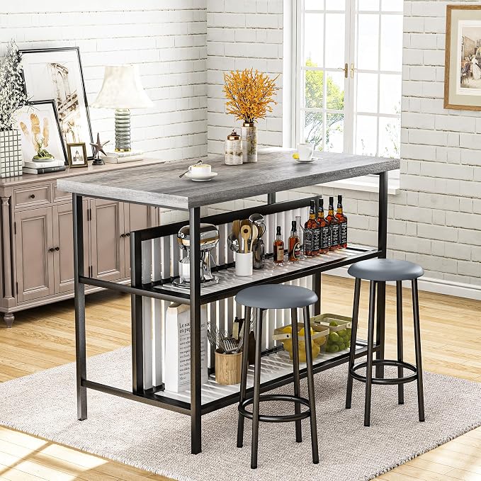 AWQM Kitchen Island with Seating & Storage Shelf, Modern Bar Table and Chairs Set for 2, Wooden Island Table for Kitchen, Dining Table Set for Small Space, Grey - Image 2