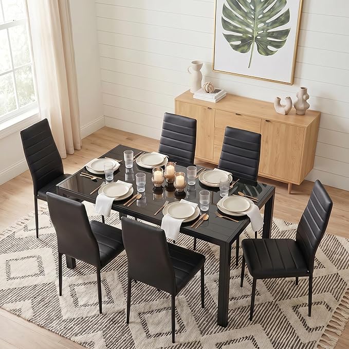 Gizoon Black 7 Piece Glass Dining Table Set, Kitchen Table and Chairs Set | PU Leather Modern Dining Room Furniture,Dining Table Sets,Space Saving Table and Chairs Set for Home, Kitchen, Living Room - Image 5
