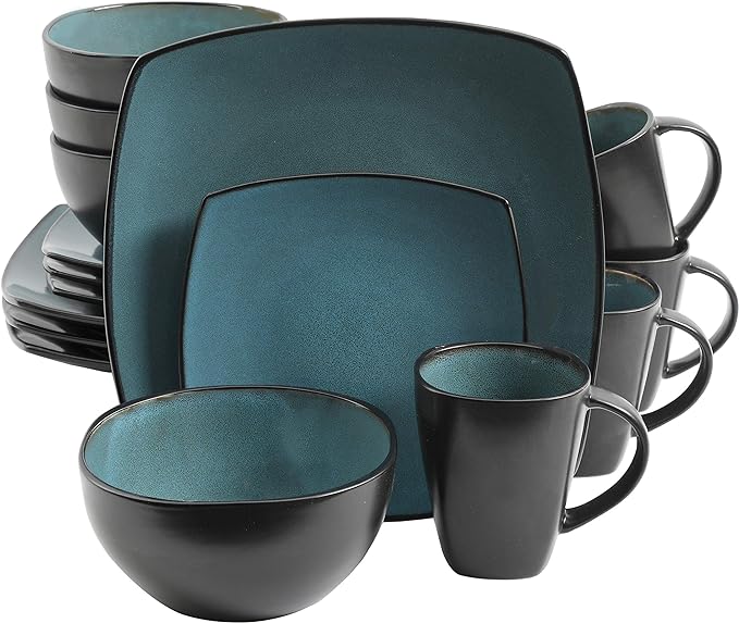 Gibson Elite Soho Lounge 16-Piece Reactive Glaze Dinnerware Set – Teal and Black Tutone Stoneware Plates and Bowls by GibsonHomewares