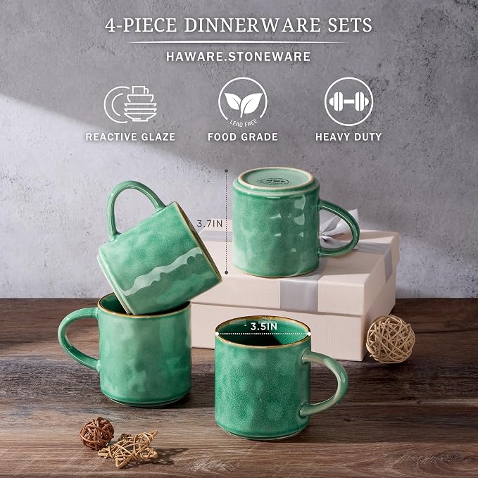 HaWare 14OZ Coffee Mugs Set of 4, Stoneware Coffee Cups with Handle, Latte Mug for Man, Woman, Dad, Mom, Modern Tea Mugs for Latte/Cappuccino/Cocoa/Milk, Dishwasher& Microwave Safe, Reactive Green - Image 2