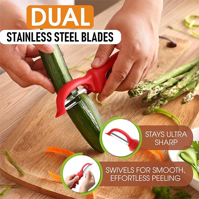 Spring Chef Swivel Vegetable Peeler for Kitchen with Soft Grip Handle, Red | Premium Potato Peeler w/ Ultra Sharp Stainless Steel Blades, Multifunctional Veggie Peeler for Apple, Carrot, Cucumber, Fruit - Image 2