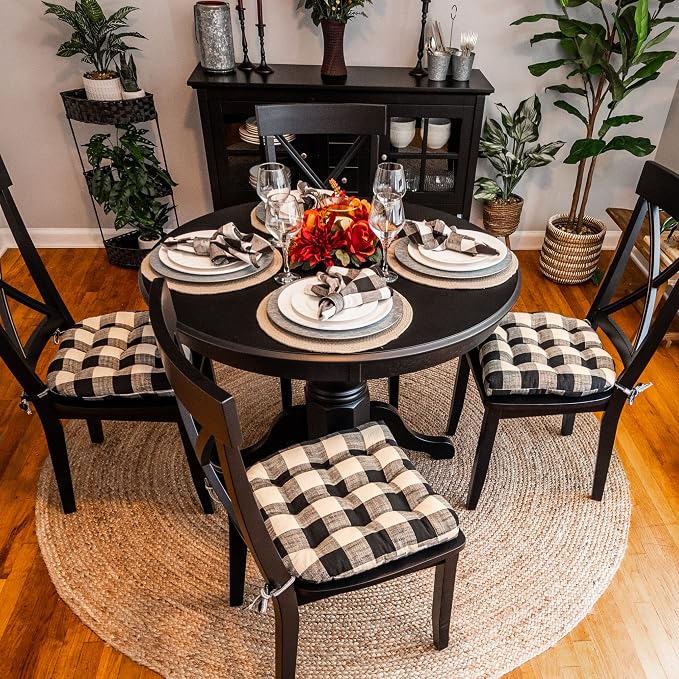 Barnett Home Decor Dining Chair Pad with Ties - Buffalo Check Black & Ivory Size Medium 16.5 x 18 - Latex Foam Filled Cushion, Reversible, Made in USA (Black & White, Medium)… - Image 2