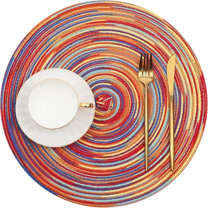 SHACOS Round Braided Placemats Set of 4 Variegated Colorful Placemats for Dining Tables Holiday Party Decor (Rainbow Red, 4) - Image 2
