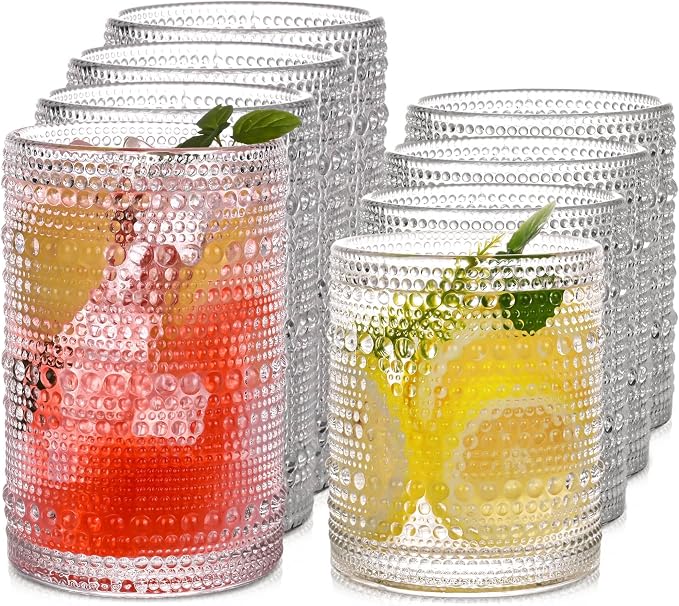 Vintage Hobnail Drinking Glasses Set of 8, 15 oz Highball Glasses & 12 oz Cocktail Glasses, Drinkware Kitchen Glasses for Cocktail, Iced Coffee, Beer, Ice Tea, Wine, Whiskey, Water by JPPSUJJ