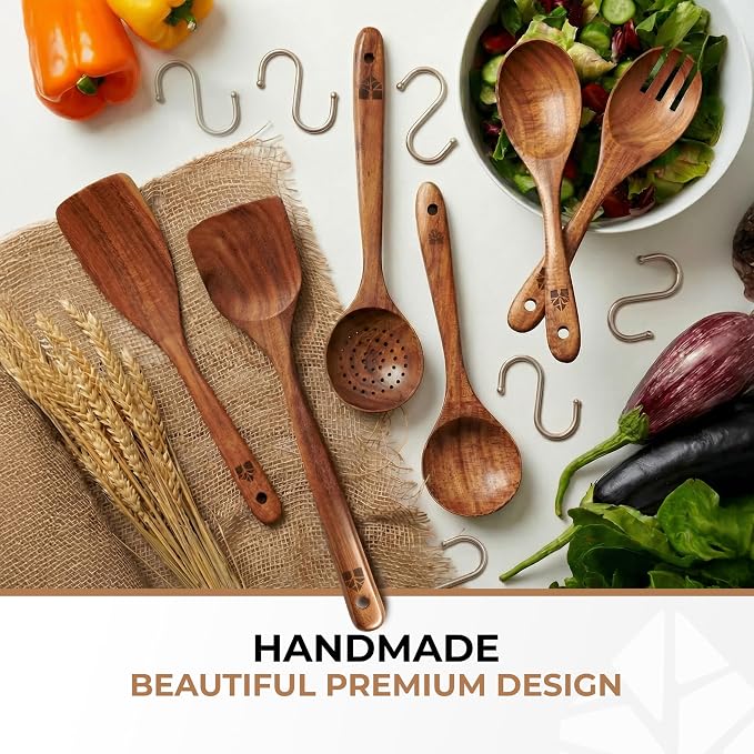 Wooden Spoons for Cooking – 6 Pcs Premium Teak Wooden Utensil Set | Durable, Nonstick Safe, Heat Resistant & Easy to Clean with Ergonomic Handles - Image 7
