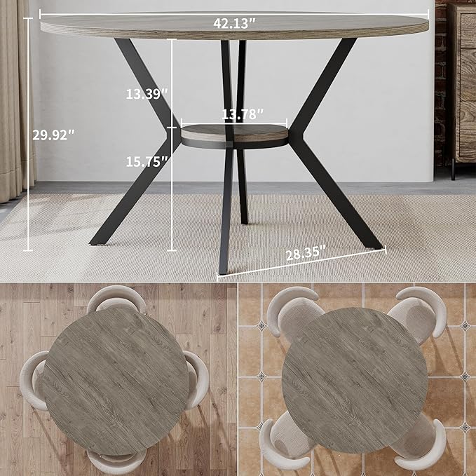Round Dinner Table for 2-4, 42 Inch Kitchen & Dining Room Table with Storage, Wooden Circle Dining Table, Mid Century Modern Dining Table with Metal Legs for Kitchen, Living Room, Dining Room, Grey - Image 2