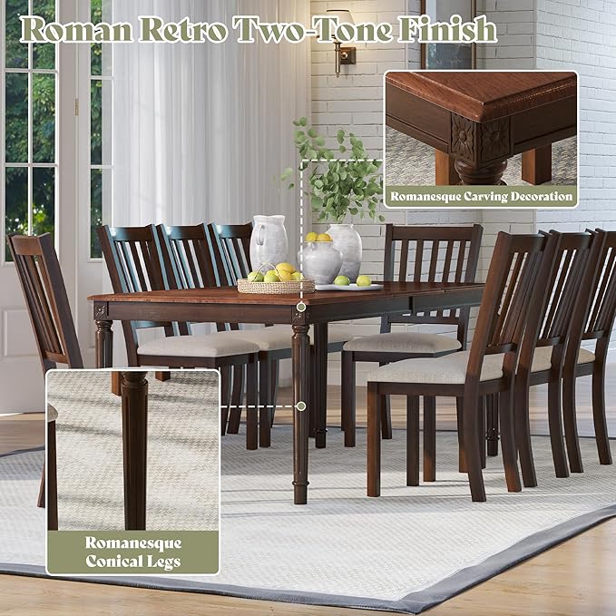 AMERLIFE 9 Piece Farmhouse Dining Set with 79" Rubberwood Table, Brown | 79" Rectangular Table, Solid Rubberwood Frame, Upholstered Chairs, Roman Conical Legs, Dark Brown Finish - Image 5