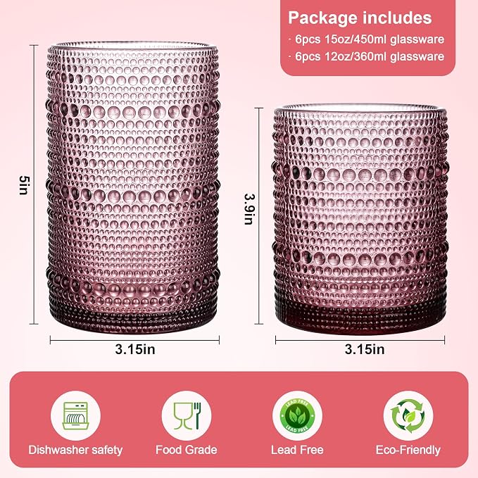 KMIGRUAN Hobnail Drinking Glasses Set of 12,15Oz & 12Oz Cocktail Glasses | Smoke Purple Vintage Boho Highball Glasses, Embossed Beaded Water Glass Cups for Cocktail, Beer, Milk, Juice & Bar Use - Image 2