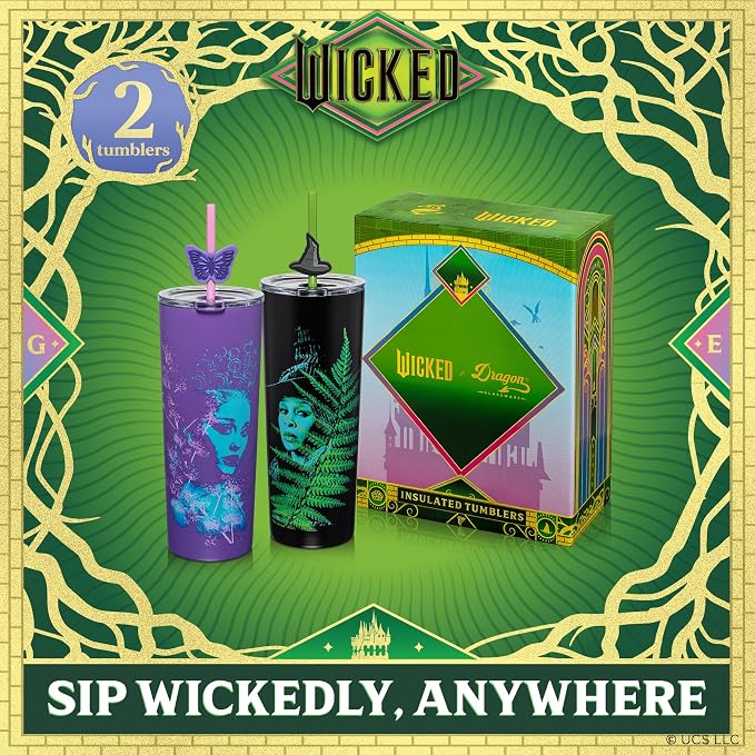 Dragon Glassware x Wicked: For Good Stainless Steel Tumbler, 24 oz 2-Pack | Set of 2 Vacuum Insulated Stainless Steel Wicked Cups with Lids & Straws; With Straw Charm; Official Wicked Merch - Image 2