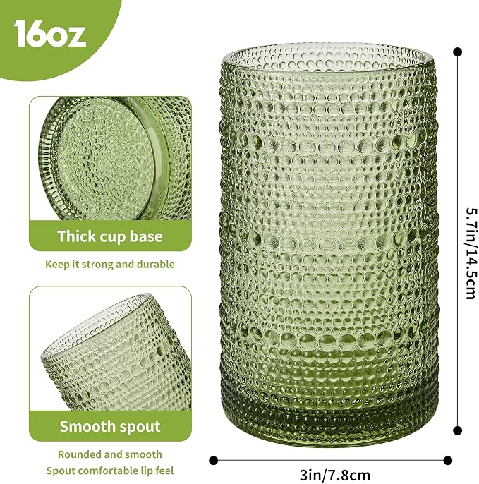 Vintage Glassware Drinking Glasses Set of 6,16oz Hobnail Glass Cups,Embossed Green Water Tumbler,for Cocktail, Juice, Whiskey, Milk and Various Mixed Drinks - Image 3