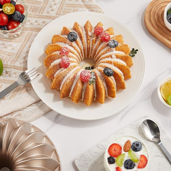 KITESSENSU Non-Stick Cake Pan, 9.5-Inch Aluminum Cake Mold, 8 Cup Fluted Heavy Duty Tube Pan, Durable Rust & Scratch-Resistant, Baking Mold for Jello, Gelatin, Chocoflan, Flan, French Wreath,Gold - Image 2