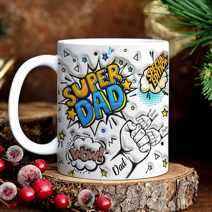 LOVELYPOD Custom Super Dad Mug with Kids Names, Fist Bump Coffee Mug for Men, Fathers Day Mugs, Dad Gifts from Daughter Son, Fathers Day Presents, Personalized Coffee Cup, Custom Father Gifts - Image 2