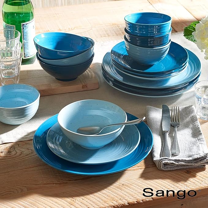 Sango Siterra Artist's Blend 16-Piece Stoneware Dinnerware Set – Service for 4, Ocean Blue Glossy Glaze with Unique Speckled Design, for Everyday Dining & Entertainment, Microwave & Dishwasher Safe - Image 8