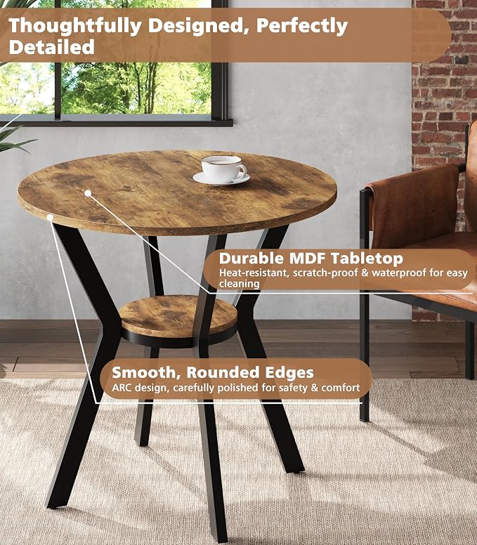 MECHYIN 31.5" Round Kitchen Table for 2-4, Small Round Dining Table with Storage, Rustic Wood Circle Table with Metal Legs, Compact Dining Room Table for Kitchen, Cafe, Apartment and Small Space - Image 4