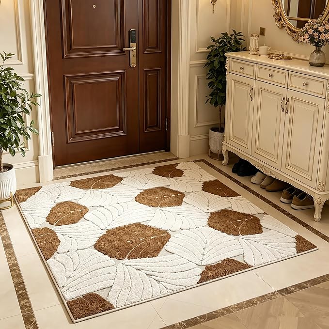 Indoor Doormat 2'x3', Geometric Boho Entrance Mat for Porch, Leaves | Soft Cozy Fluffy Mid Pile Machine Washable Non Slip Small Accent Rug for Entryway Front Door Sink Indoor Entrance Bathroom by Ukeler