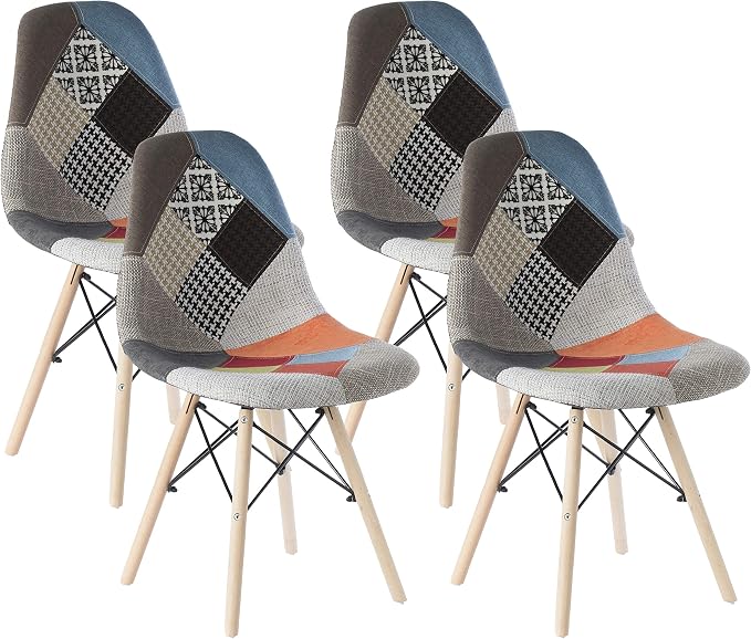 Fabulaxe Mid-Century Modern Upholstered Plastic Multicolor Fabric Patchwork DSW Shell Dining Chair with Wooden Dowel Eiffel Legs, Set of 4 by Fabulaxe