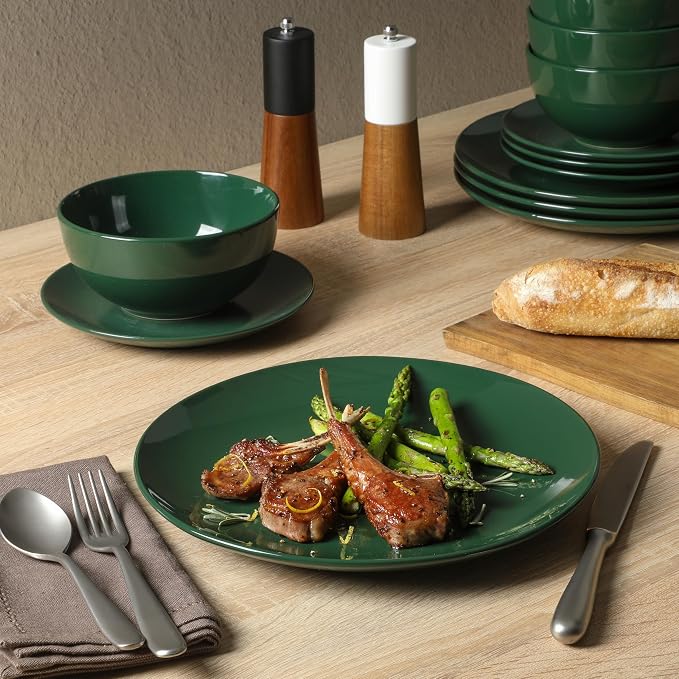 Gibson Home Simple Essential (Service for 4) 12 Piece Plates and Bowls Porcelain Solid Color Dishes Ceramic Dinnerware Set - Hunter Green - Image 2