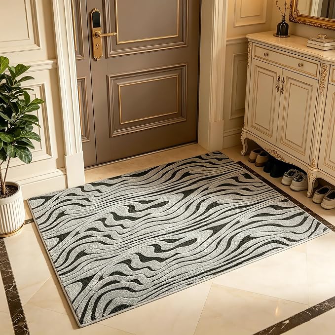 Indoor Doormat 2'x3', Geometric Boho Entrance Mat for Porch, Zebra | Soft Cozy Fluffy Mid Pile Machine Washable Non Slip Small Accent Rug for Entryway Front Door Sink Indoor Entrance Bathroom by Ukeler