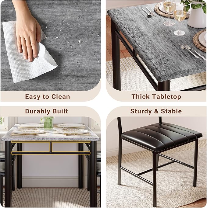 IRONCK Dining Table Set for 4, Grey | Wood Kitchen Table with Upholstered Chairs for Kitchen Room and Small Spaces - Image 6