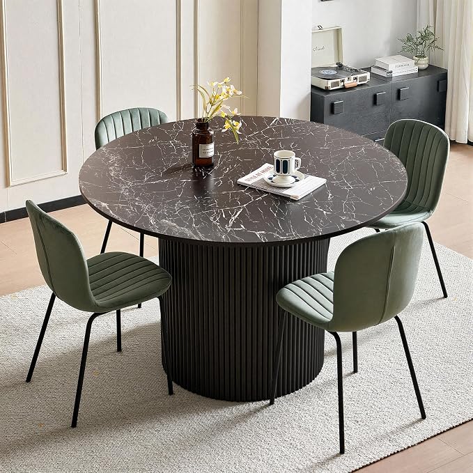 Dining Table Set for 4, 47 Inch Mid Century Modern Faux Marble Round Kitchen Table and Chairs, Space-Saving Small Dinette Set (Black Table+4 Green Chairs) - Image 3