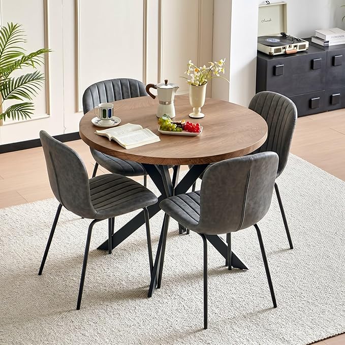 37 Inch Round Dining Table Set for 4, Modern Small Circle Kitchen Coffee Set for Apartment Living Room Office, Save Space(1 Imitation Wood Table + 4 Grey PU Leather Chairs) by SQPFTW