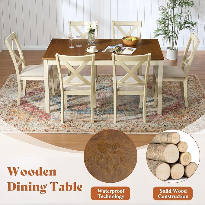 AMERLIFE 7-Piece Farmhouse Solid Wood Dining Table Set for 6, Rustic Cream | 60" Solid Wood Table, 6 Upholstered Chairs, Space-Saving Design, Rustic Dining Set, Dining Room and Kitchen Use - Image 3