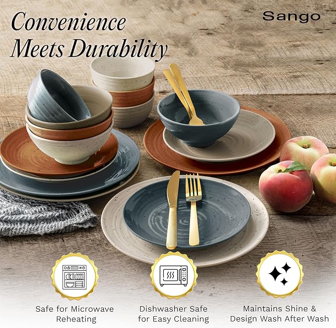 Sango Siterra Painter's Palette 16-Piece Stoneware Dinnerware Set - Service for 4, Ceramic Plates and Bowls Sets, Chip Resistant, Rustic Dishware, Microwave & Dishwasher Safe Kitchen Dishes - Image 4