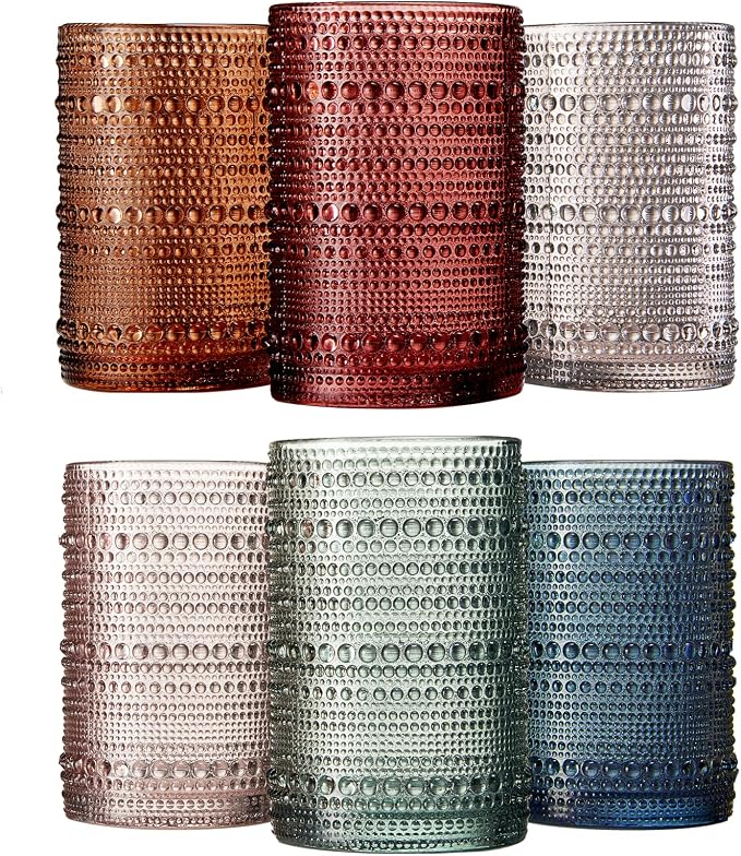 Khen Hobnail Beaded Highball Drinking Tumbler Glasses | Set of 6 | Color, Vintage Bubble Design Whiskey Glassware, Old-Fashioned, Embossed Design for Water, Wine, Cocktail Embossed, Rocks Glass by Khen