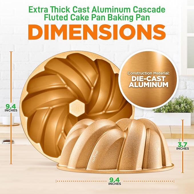 NutriChef 9-Inch Cake Pan - Heavy Die Cast Aluminum Cake Baking Mold with 2 Layers of Professional Nonstick Coating - Fluted Flow Design for Uniform Baking & Browning, Dishwasher Safe - Gold - Image 2