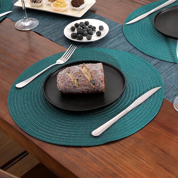 SHACOS Round Placemats Set of 8 Woven Braided Table Placemats 15 inch Circle Place Mats Washable Non Slip Table Mats for Home Wedding Party, Teal Green - Image 6