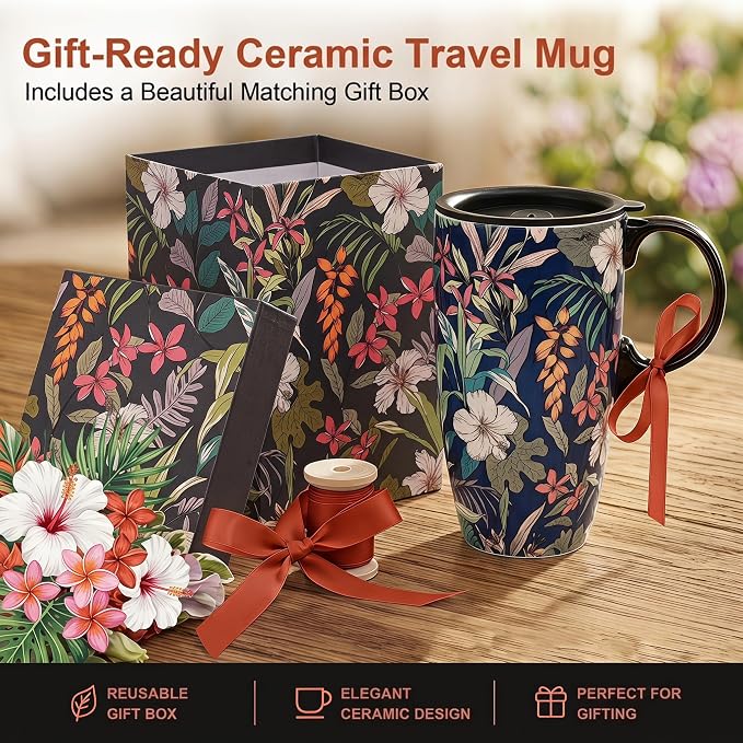 Topadorn 17oz Ceramic Travel Mug with Lid, Tropical Botanical Coffee Mug with Handle, Floral Ceramic Coffee Cup, Microwave & Dishwasher Safe, Gift Box Included - Image 7