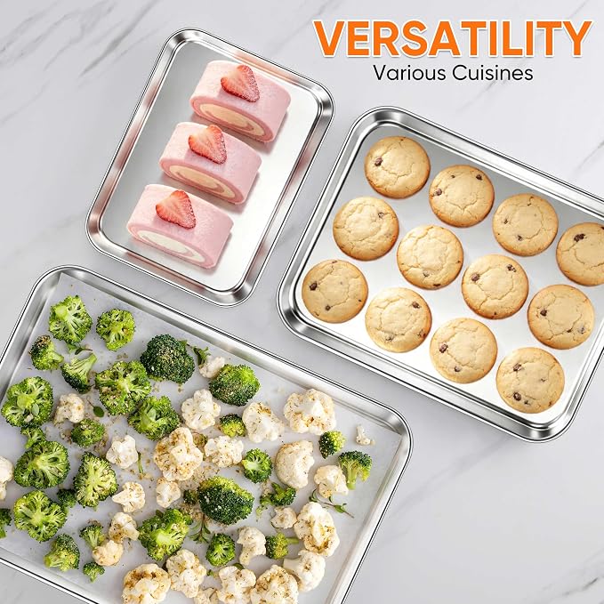 LIANYU Stainless Steel Baking Sheets, 16/12.4/9.2In Cookie Sheet Pan 3Pack | Jelly Roll/ Quarter Sheet/ Eighth Sheet, Toaster Oven Pan Cookie Baking Tray, Non Toxic, Heavy Duty, Dishwasher Safe - Image 6