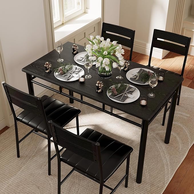 IRONCK Dining Table Set for 4, Black | Wood Kitchen Table with Upholstered Chairs for Kitchen Room and Small Spaces - Image 3