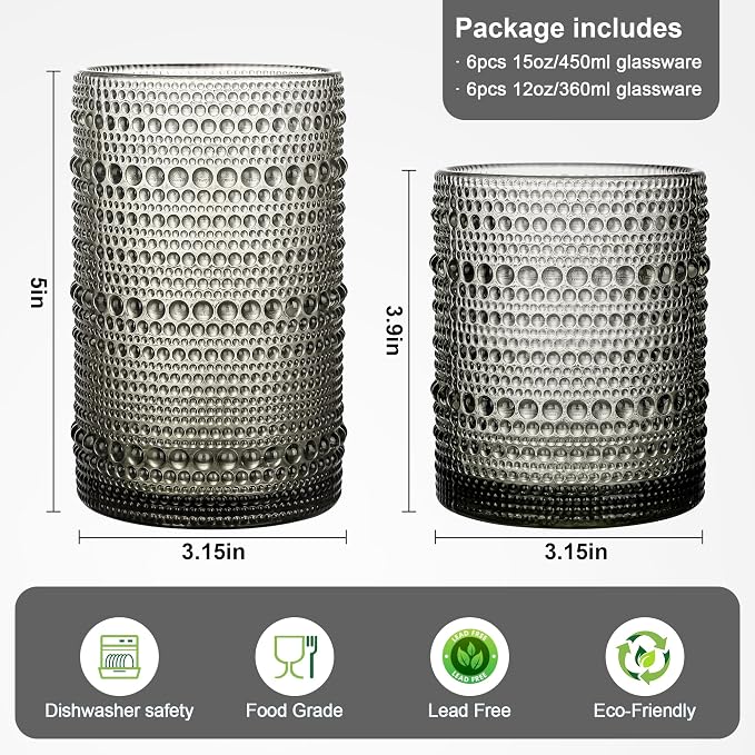 KMIGRUAN Hobnail Drinking Glasses Set of 12, 15Oz & 12Oz Cocktail Glasses | Grey Vintage Highball Glasses, Embossed Beaded Water Tumbler for Juice and Various Mixed Drinks, Kitchen Drinking Glasses - Image 2