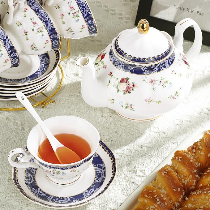 fanquare Bone China Tea Sets for Adults, 21-Piece Blue Lace and Roses Porcelain Tea Service with Sugar Bowl & Creamer, English Cremic Floral Teacups Set of 6 for Women Tea Party | Porcelain Tea Service with Sugar Bowl and Creamer, English Floral Cerami... - Image 4