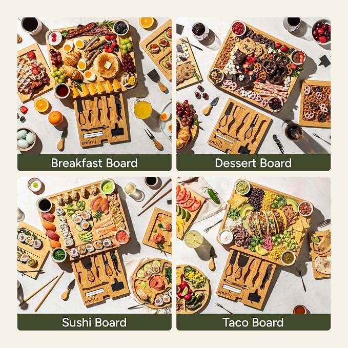SMIRLY Charcuterie Boards Set, Large Cheese Board Set, Bamboo | House Warming Gift, Wedding Gift for Couple, Bridal Shower Gift, Cheese Board Gift Set, Detachable Drawer Design, 3-Drawer - Image 5