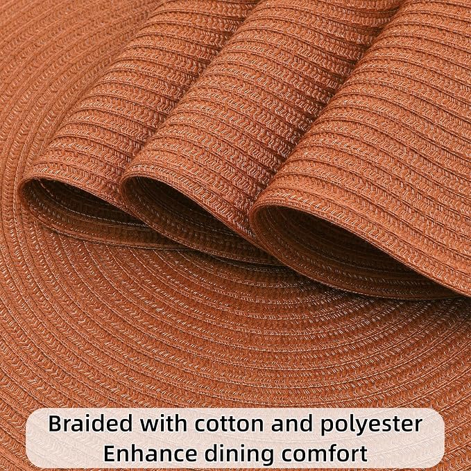 SHACOS Round Placemats Set of 6 Washable 15 inch Round Placemat Cotton Polyester Woven Braided Table Place Mats for Dining Table Decor, Dark Orange - Image 4