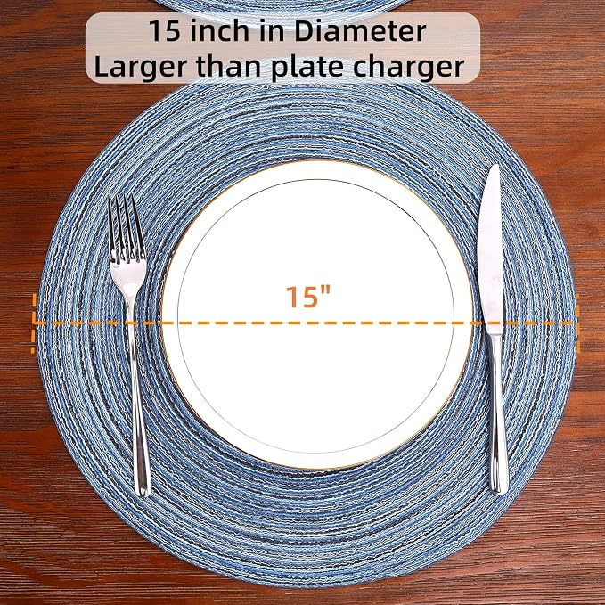 SHACOS Round Braided Placemats Set of 8 Circle Place Mats Cotton Polyester Kitchen Table Mats for Dining Table Wedding Party Decor (Blue Gray, 8) - Image 4
