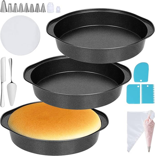 Cake Pan Set - 138 Piece 8-inch Round Cake Pans, Carbon Steel Cake Pan with Handles, Cake Decorating Kit with Parchment Papers, Piping Bag and More Accessories