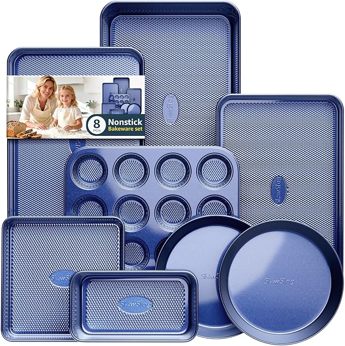 Baking Pans Set 8-Piece Bakeware Sets, Baking Sets for Cooking Oven Pan Set | Nonstick Oven Pan Set, Baking Sheet Set, Cookie Sheets for Baking, Muffin Pan, Ceramic Coated Blue by SlowSLog