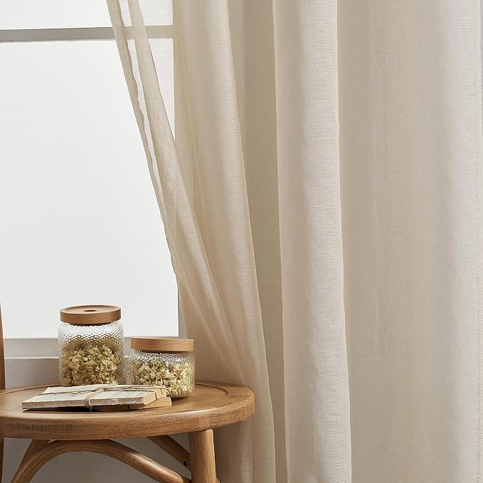 Home Brilliant Beige Curtains Sheer for Living Room Faux Linen Window Treatment Panels Set of 2 Sheer Curtain Drapes for Bedroom Kids Boys Room, 54 x 84 inch Length, Linen Color - Image 2