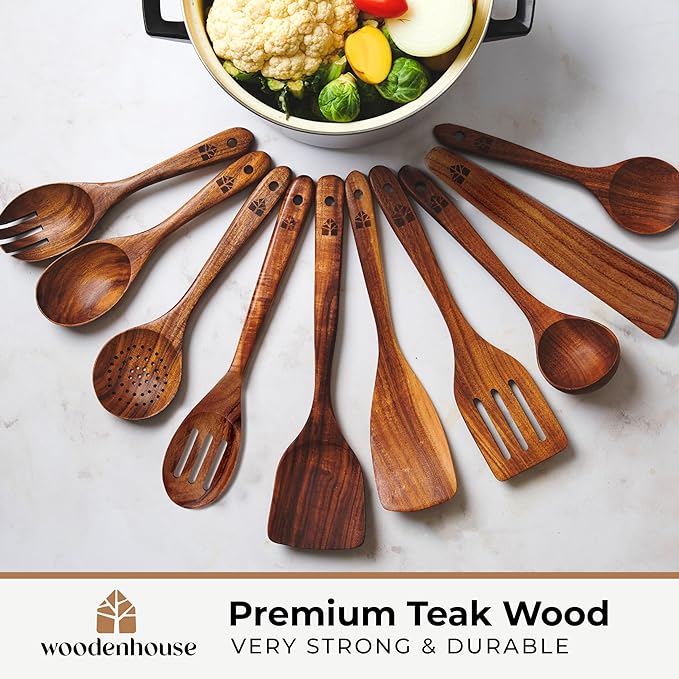 Wooden Spoons for Cooking, 12 Pcs Teak Utensil Set with Holder & Hooks | Includes Spoon Rest for Storage – Heat Resistant, Durable & Nonstick Safe Kitchen Cookware - Image 2