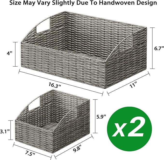 Pantry Baskets Organization, Wicker Storage Bin Shelf Grey | Handwoven Pantry Organizers and Storage with Built-in Handles, Laundryroom Organization Storage Bins for Snack Cans - Image 7