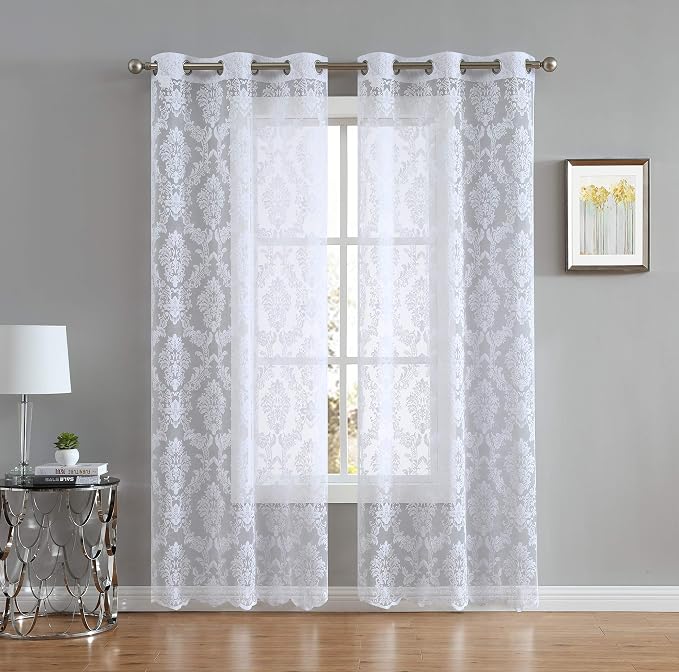 LinenZone 38 x 63 Luxury White Knitted Lace Curtains. (Lisa 38 x 63, White) | 2 Elegant Knitted Lace Curtains with Floral Damask Design and Scalloped Bottom in 63, 84 and 96 Inch Sizes. by LinenZone